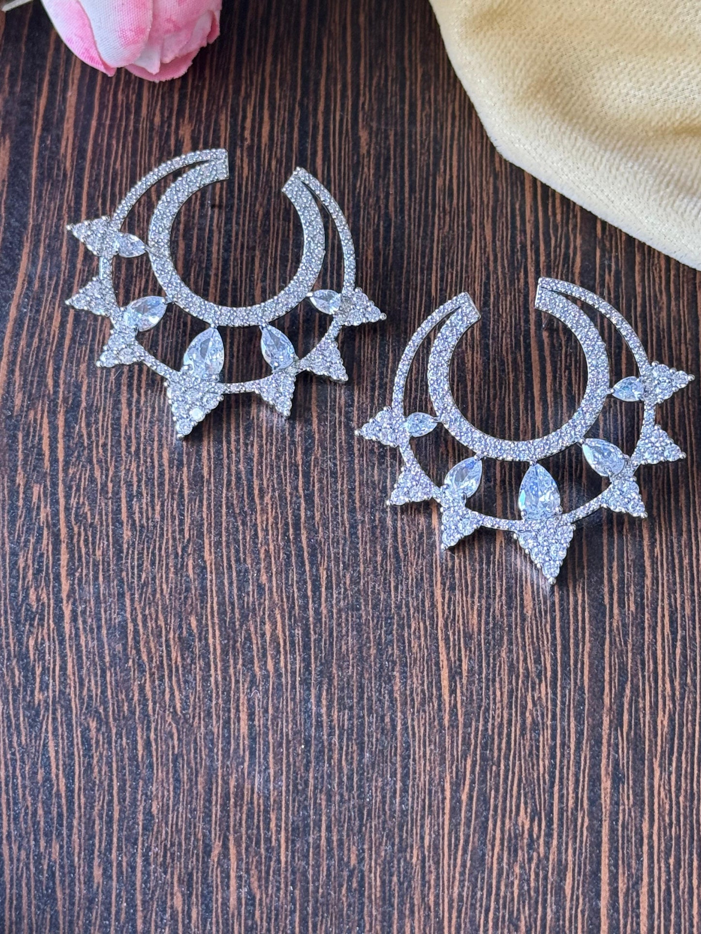 Dazzling CZ Crescent Moon Ear Cuffs with Marquise Crystals