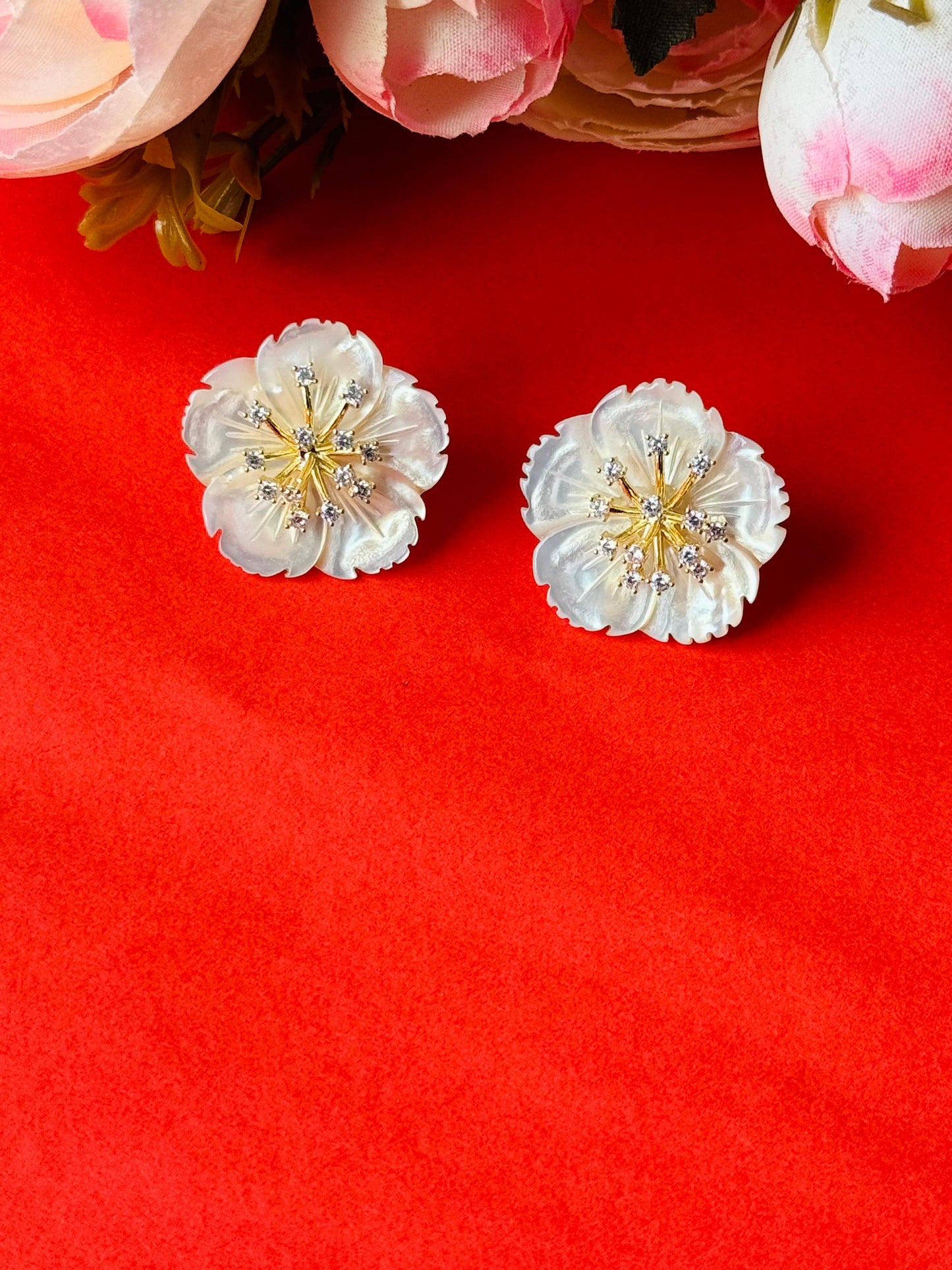 CZ-Studded Petal Pearl Earrings