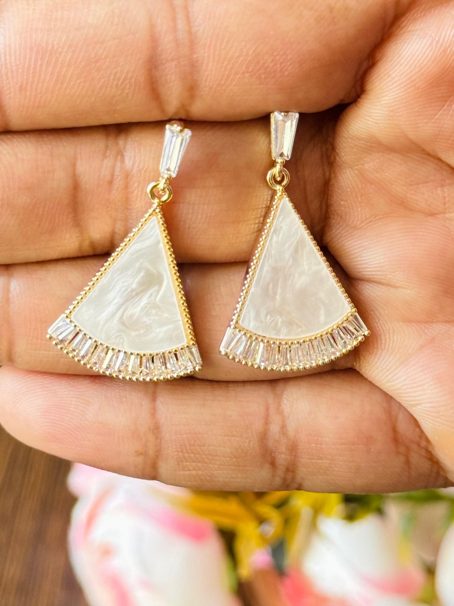 Mother of Pearl CZ Triangle Earrings