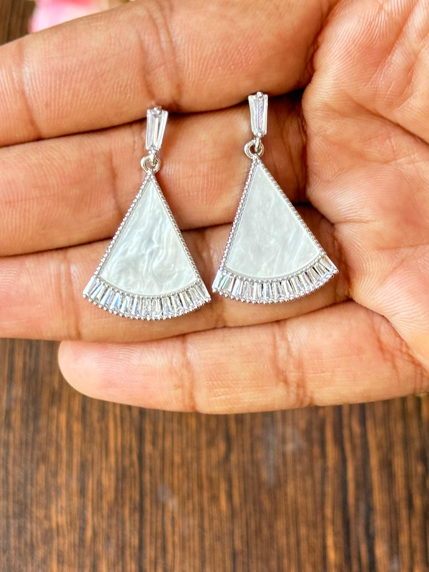 Mother of Pearl CZ Triangle Earrings