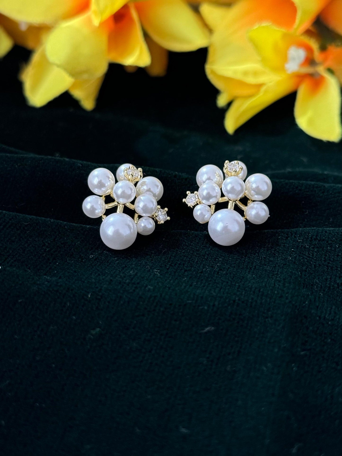 Elegant Faux Pearl CZ Cluster Stud Earrings