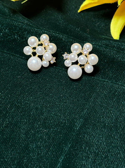 Elegant Faux Pearl CZ Cluster Stud Earrings