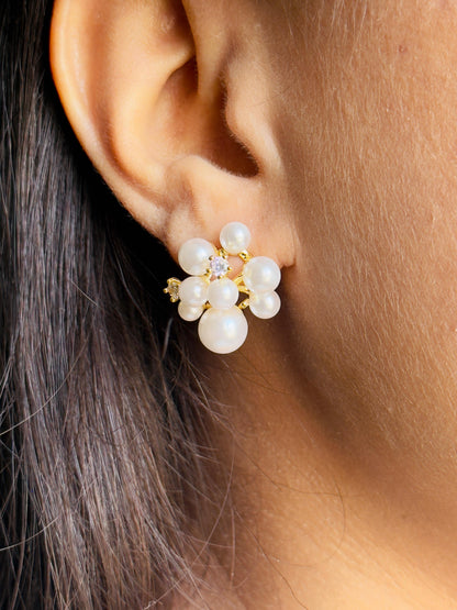 Elegant Faux Pearl CZ Cluster Stud Earrings