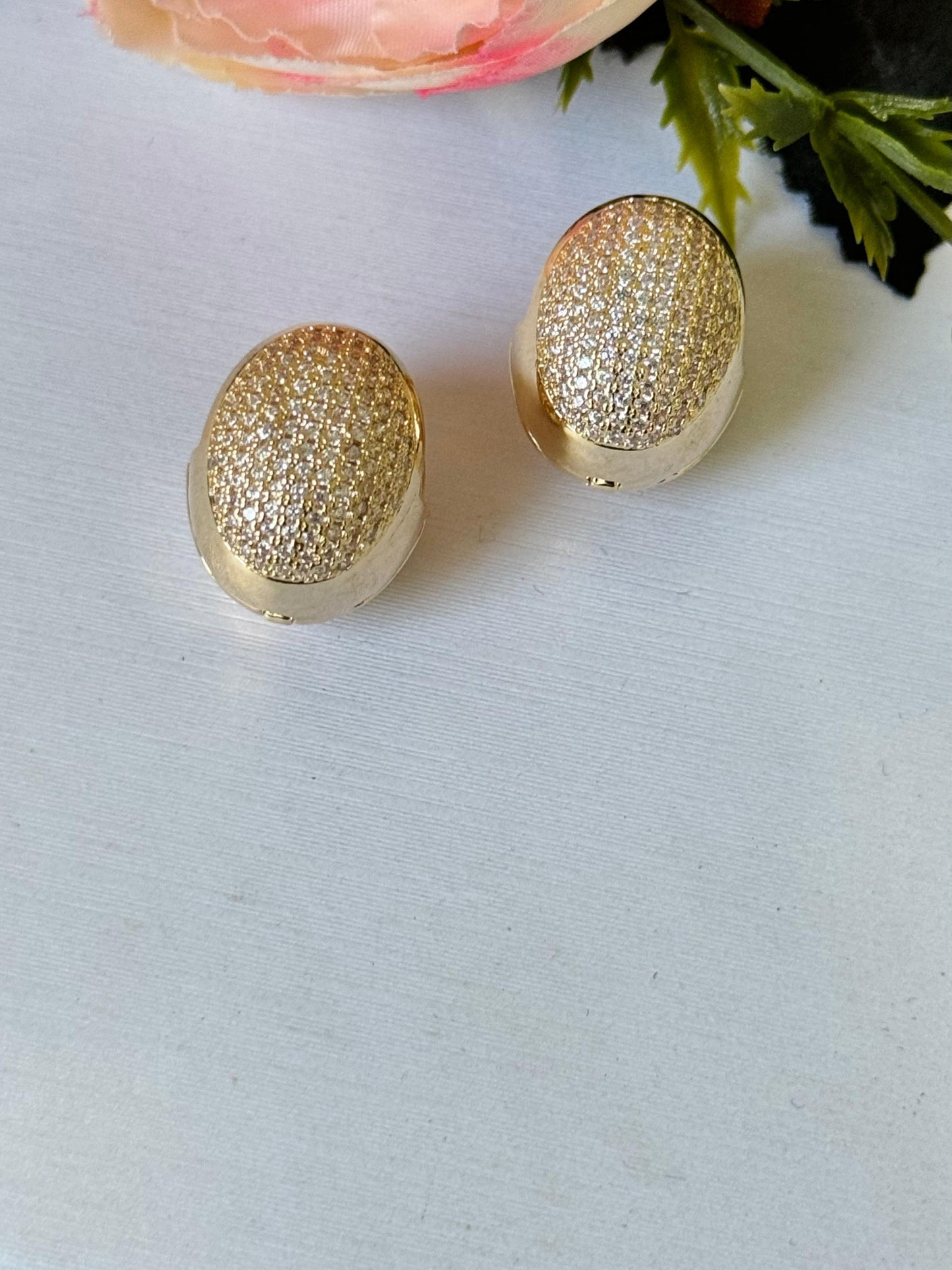 Elegant Gold-Tone CZ Pave Oval Clip-On Earrings