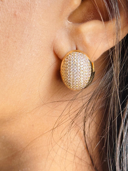 Elegant Gold-Tone CZ Pave Oval Clip-On Earrings