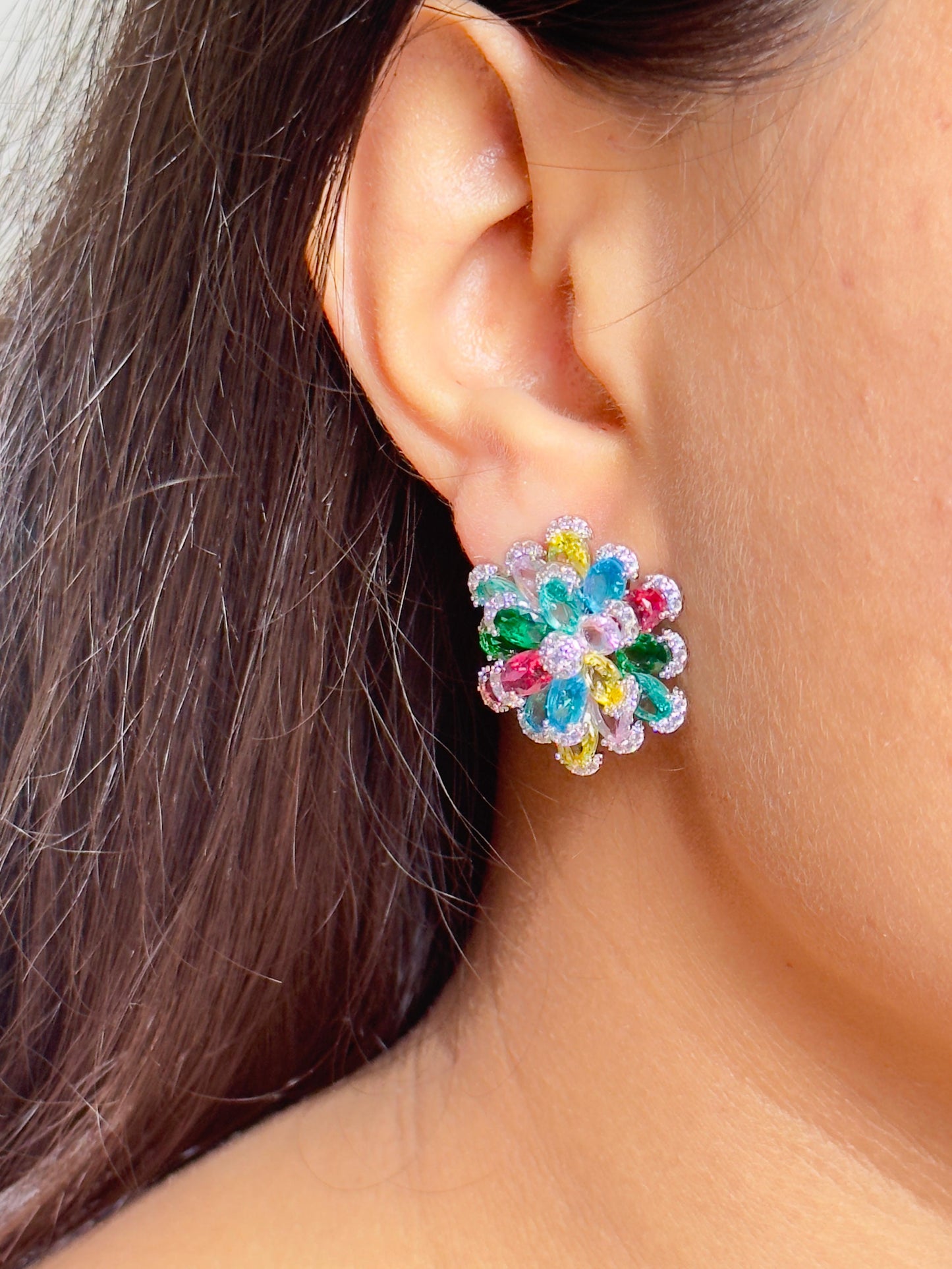 Vibrant Blooming Multicolor CZ Flower Earrings