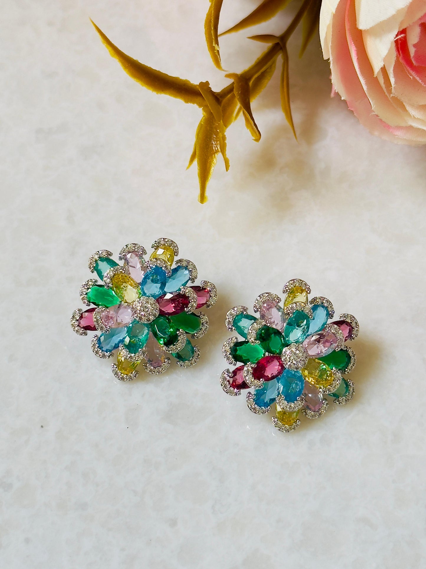 Vibrant Blooming Multicolor CZ Flower Earrings