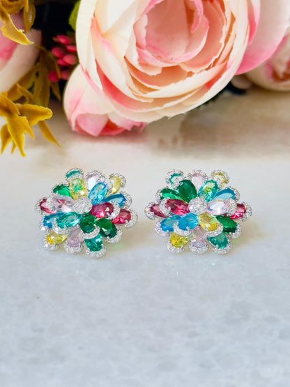 Vibrant Blooming Multicolor CZ Flower Earrings