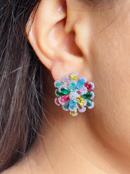 Vibrant Blooming Multicolor CZ Flower Earrings