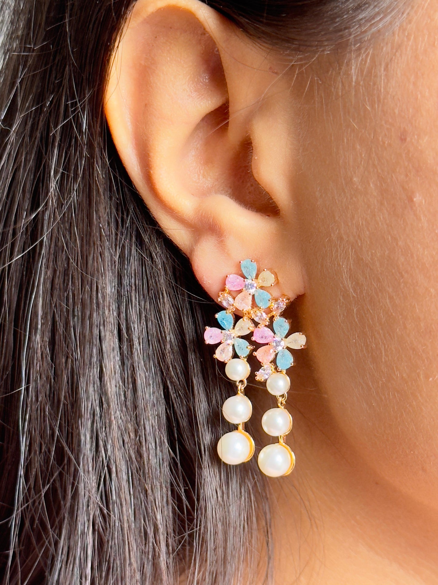 Pastel Petal Pearl Drop CZ Earrings