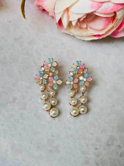 Pastel Petal Pearl Drop CZ Earrings