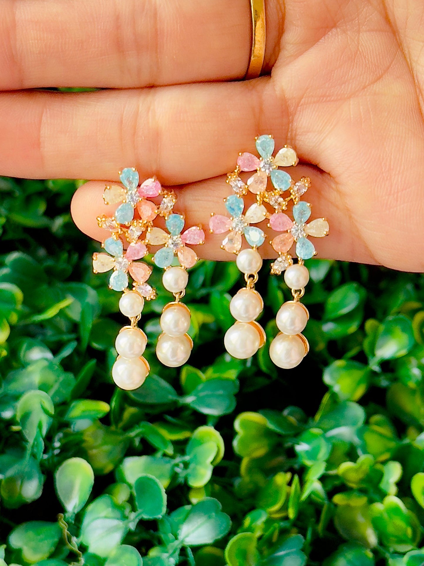 Pastel Petal Pearl Drop CZ Earrings