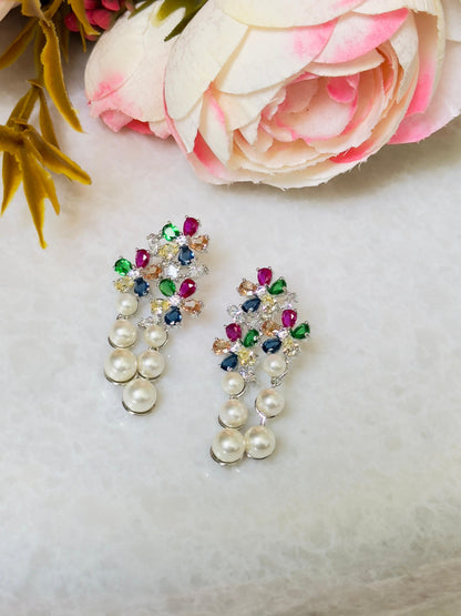 Pastel Petal Pearl Drop CZ Earrings