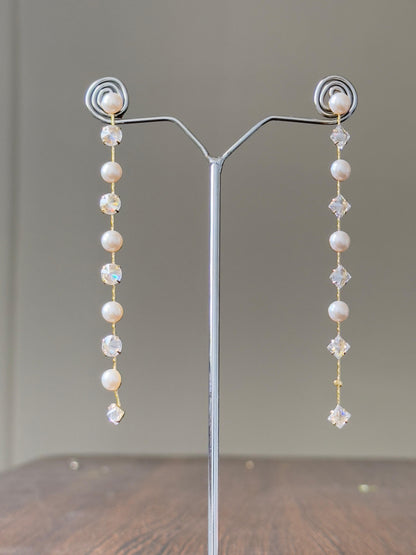 Elegant Pearl CZ Crystal Cascade Earrings