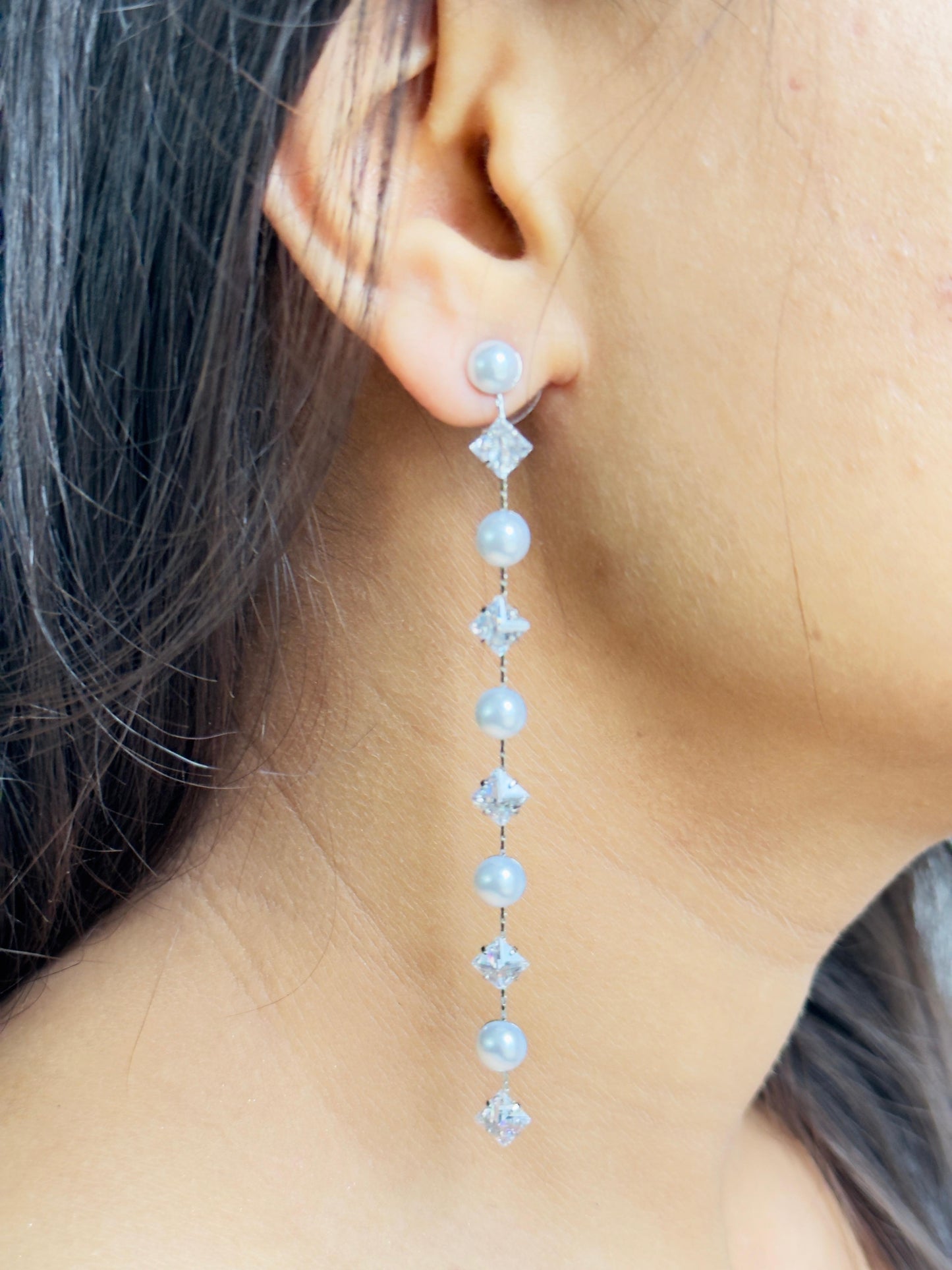 Elegant Pearl CZ Crystal Cascade Earrings