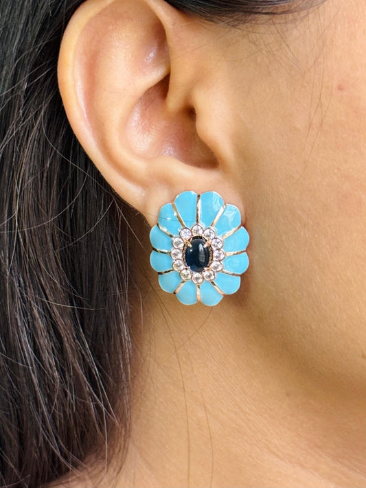 Chic Turquoise Enamel CZ Floral Earrings