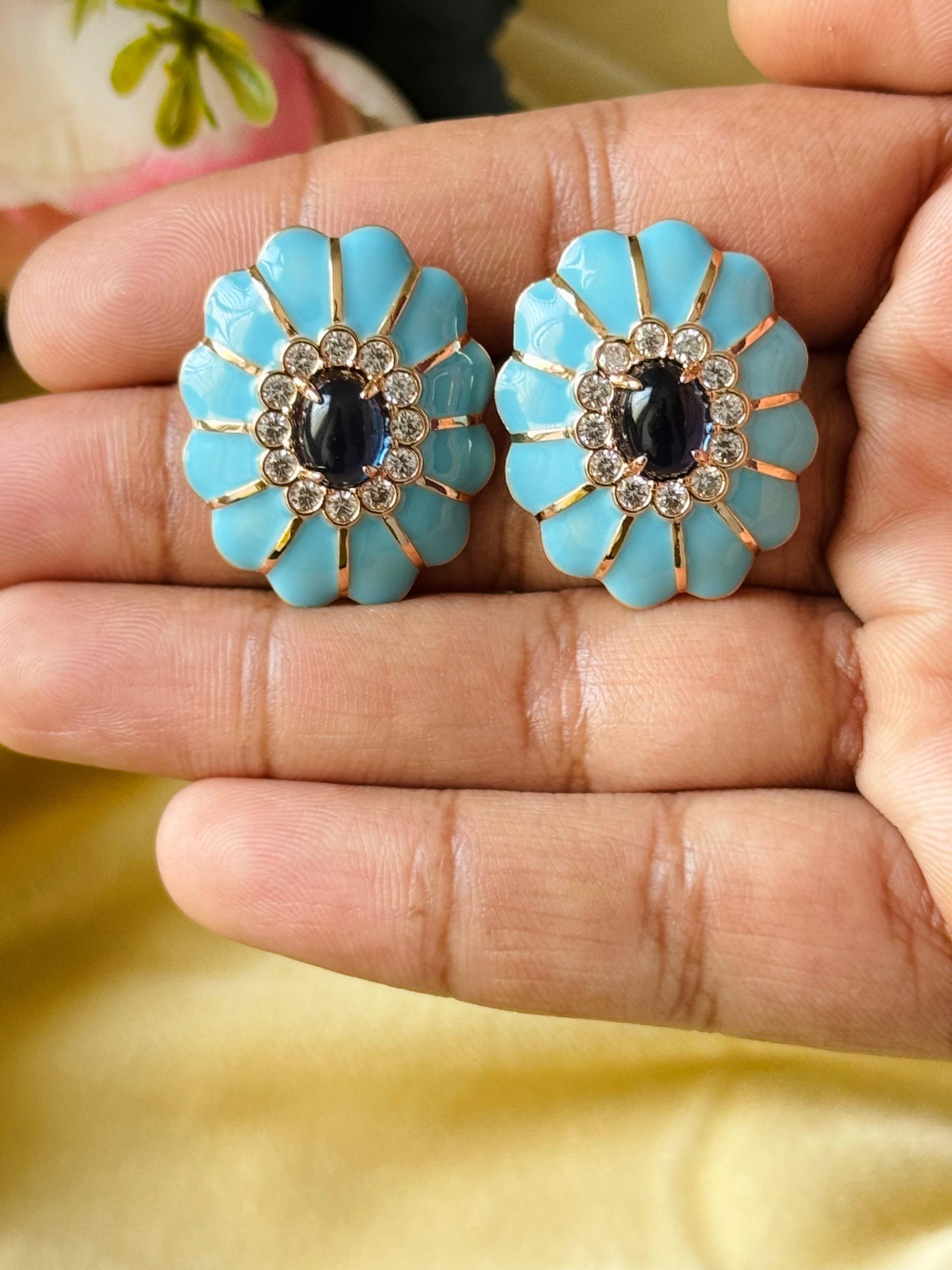 Chic Turquoise Enamel CZ Floral Earrings