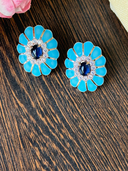 Chic Turquoise Enamel CZ Floral Earrings