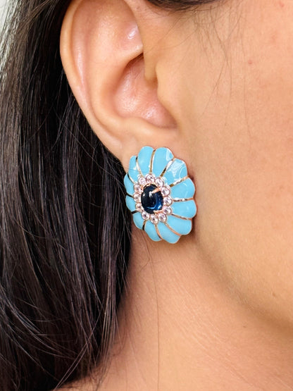 Chic Turquoise Enamel CZ Floral Earrings