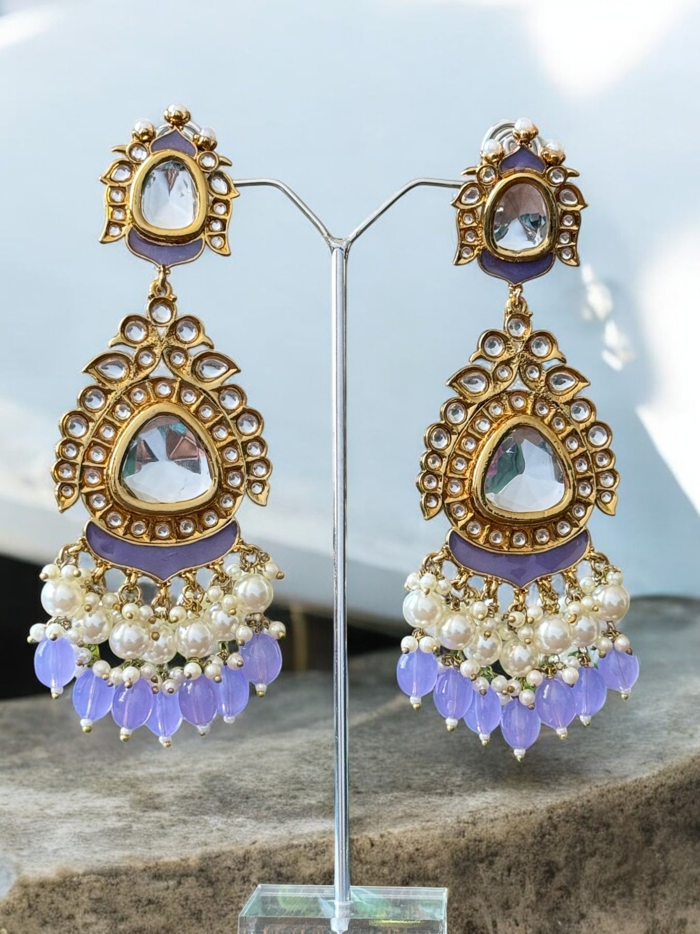 Lavender Blueberry Kundan Chandbali Earrings