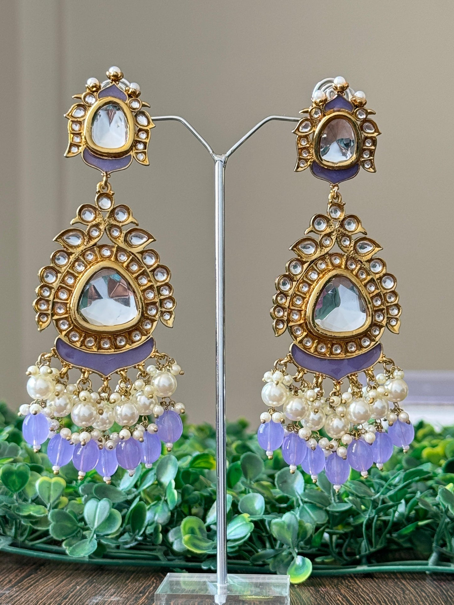 Lavender Blueberry Kundan Chandbali Earrings