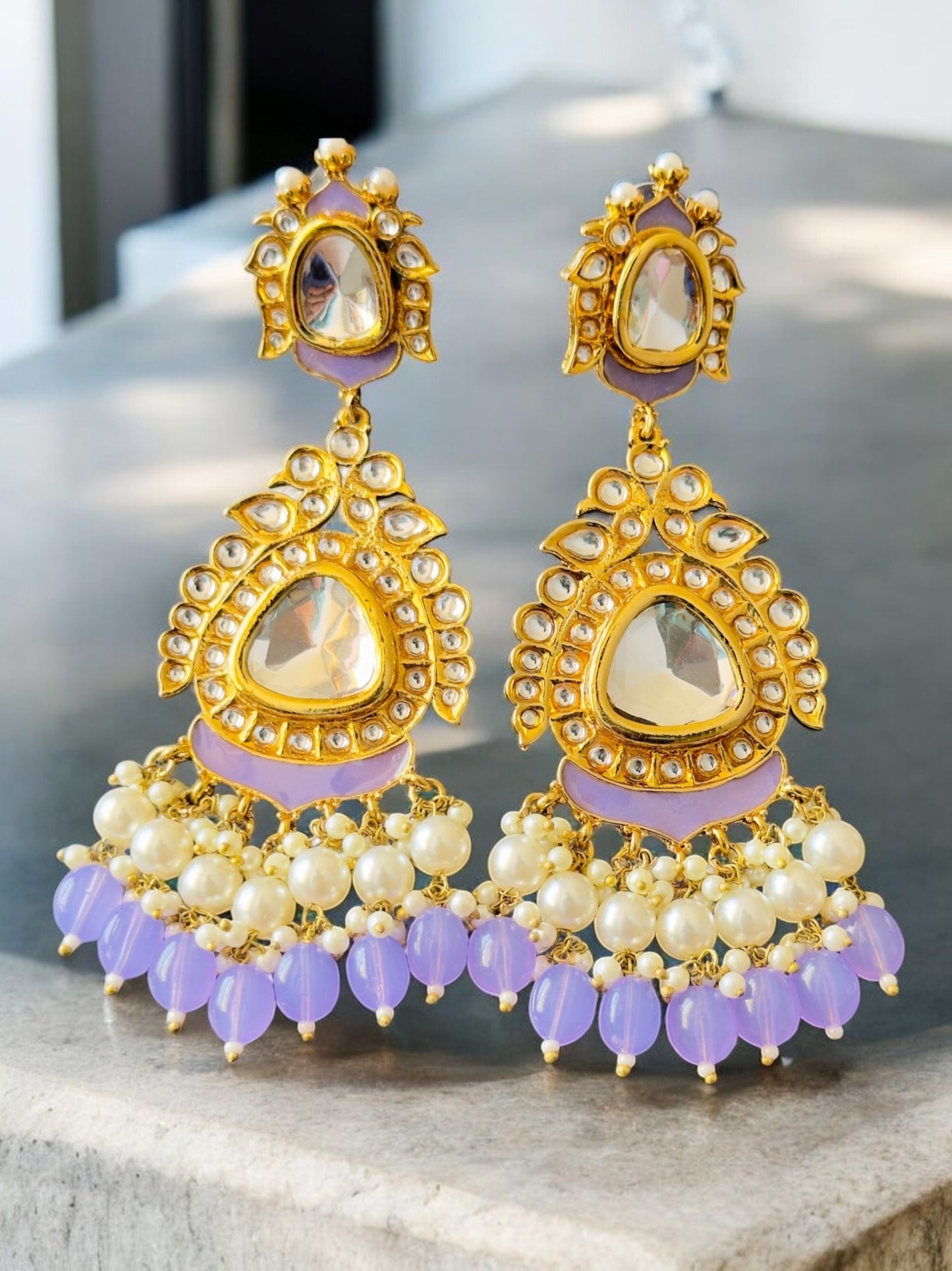 Lavender Blueberry Kundan Chandbali Earrings