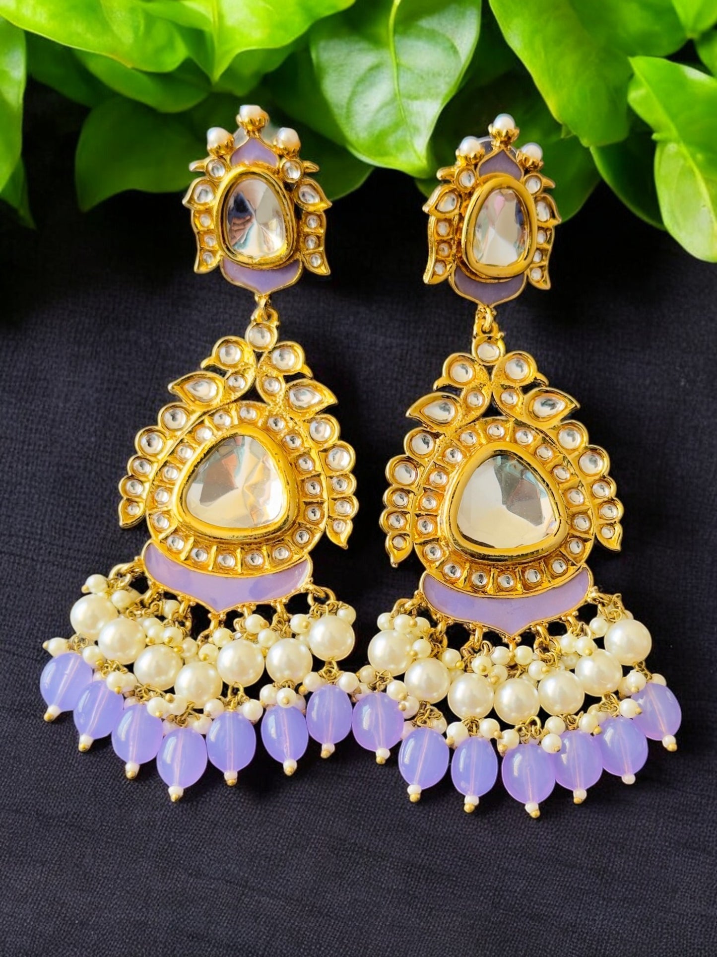 Lavender Blueberry Kundan Chandbali Earrings