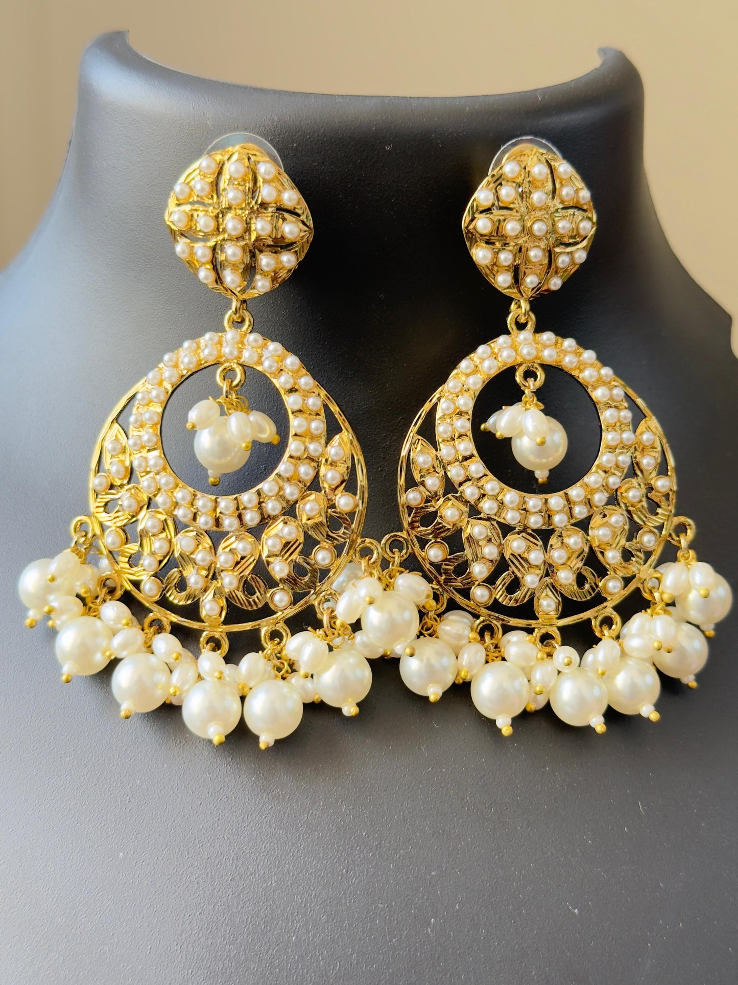 Elegant Kolar Pearl Chandbali Earrings