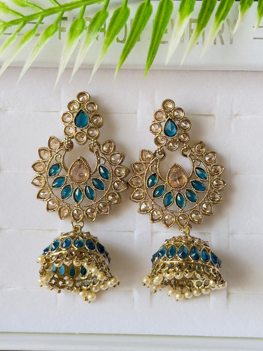 Blue and Gold Vaidehi Kundan Jhumka Earrings