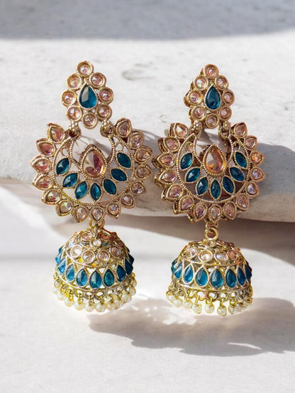 Blue and Gold Vaidehi Kundan Jhumka Earrings