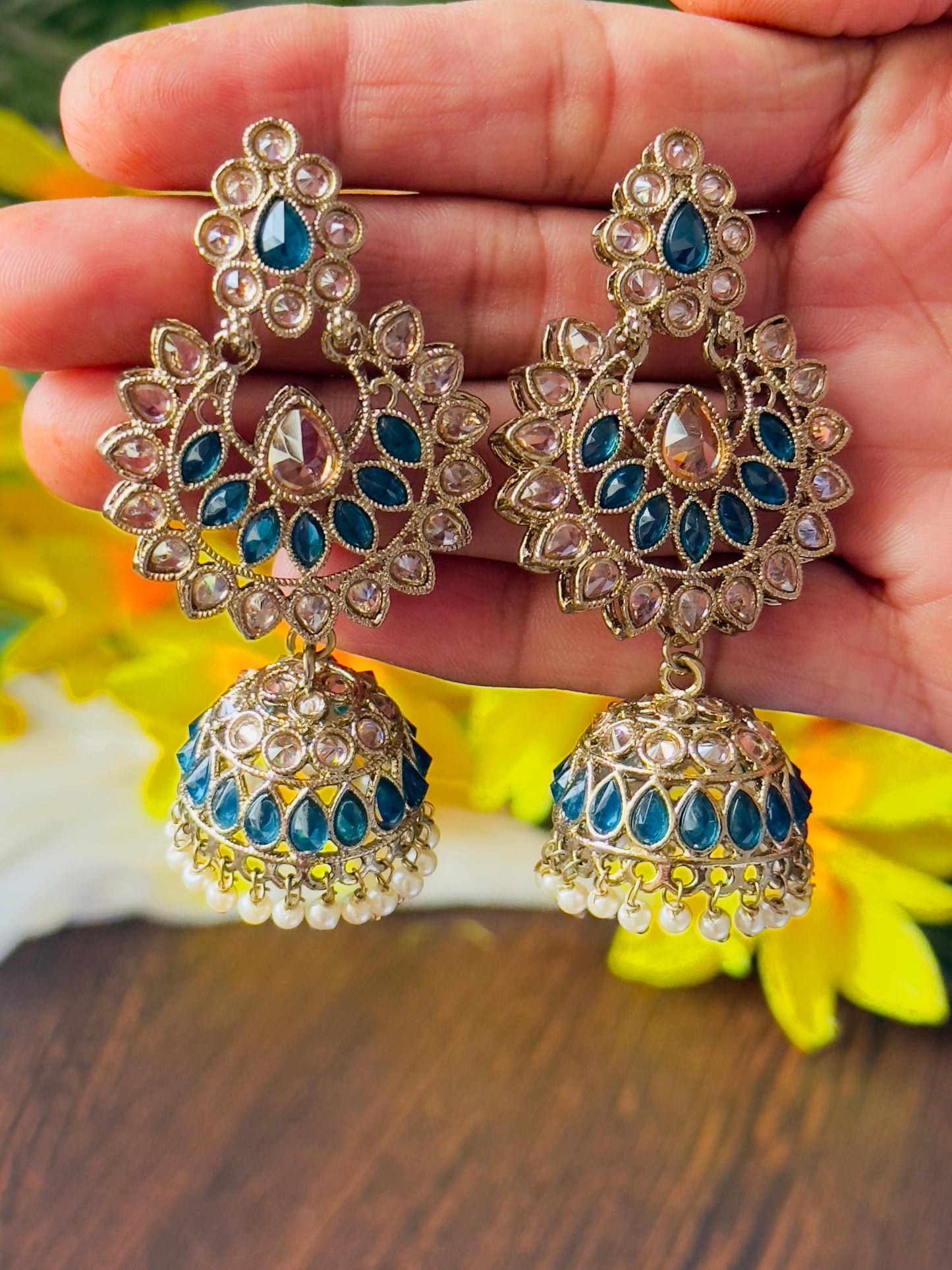 Blue and Gold Vaidehi Kundan Jhumka Earrings