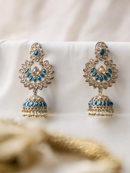 Blue and Gold Vaidehi Kundan Jhumka Earrings