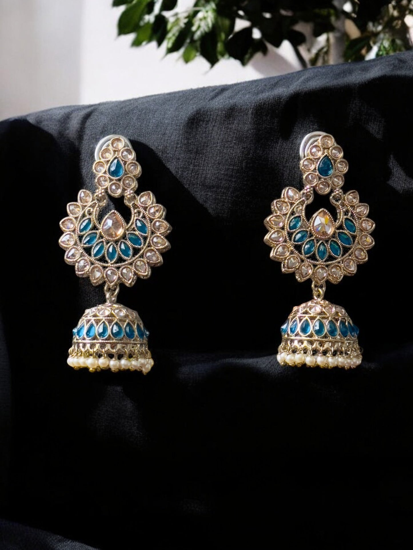 Blue and Gold Vaidehi Kundan Jhumka Earrings