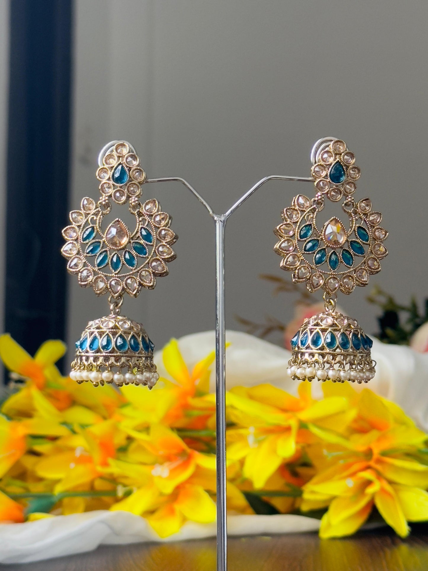 Blue and Gold Vaidehi Kundan Jhumka Earrings