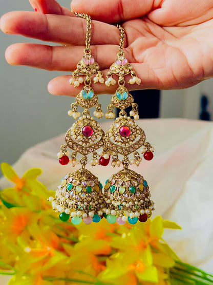 Multicolor Kundan and Pearl Aadrika Jhumkas