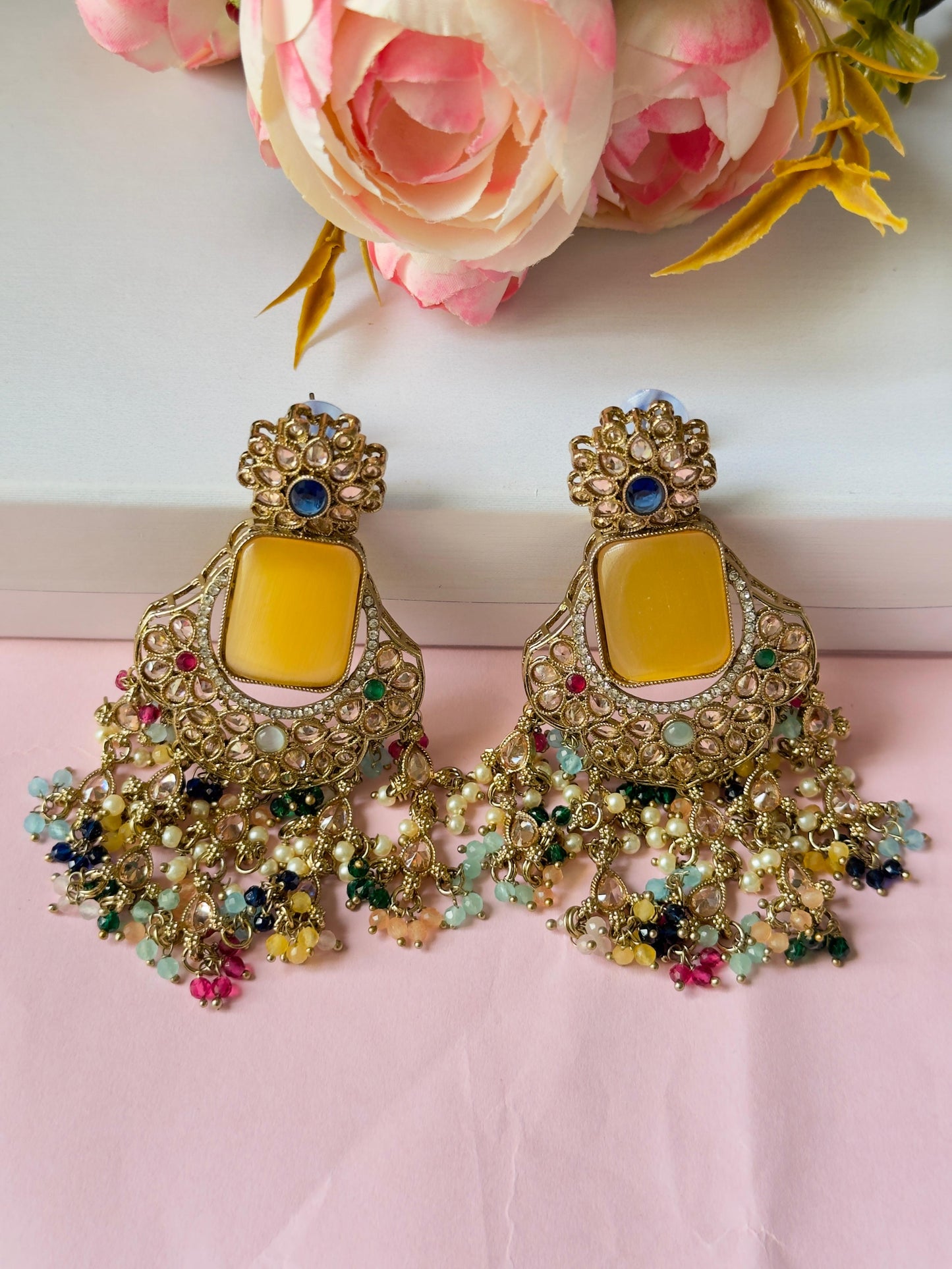 Regal Rajwadi Multi-Gemstone Chandbali Earrings