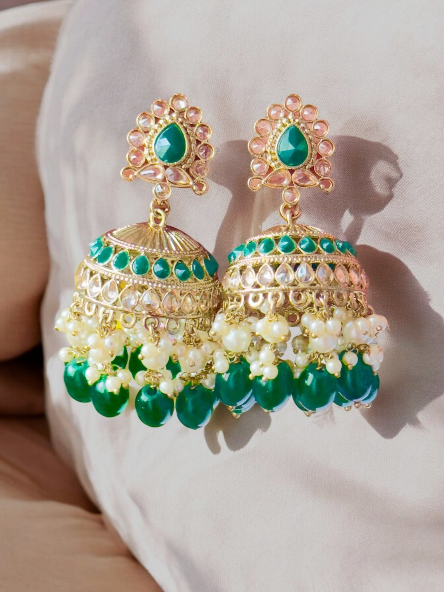 Kanchan Green and Gold Jhumka Earrings