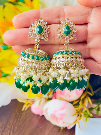 Kanchan Green and Gold Jhumka Earrings