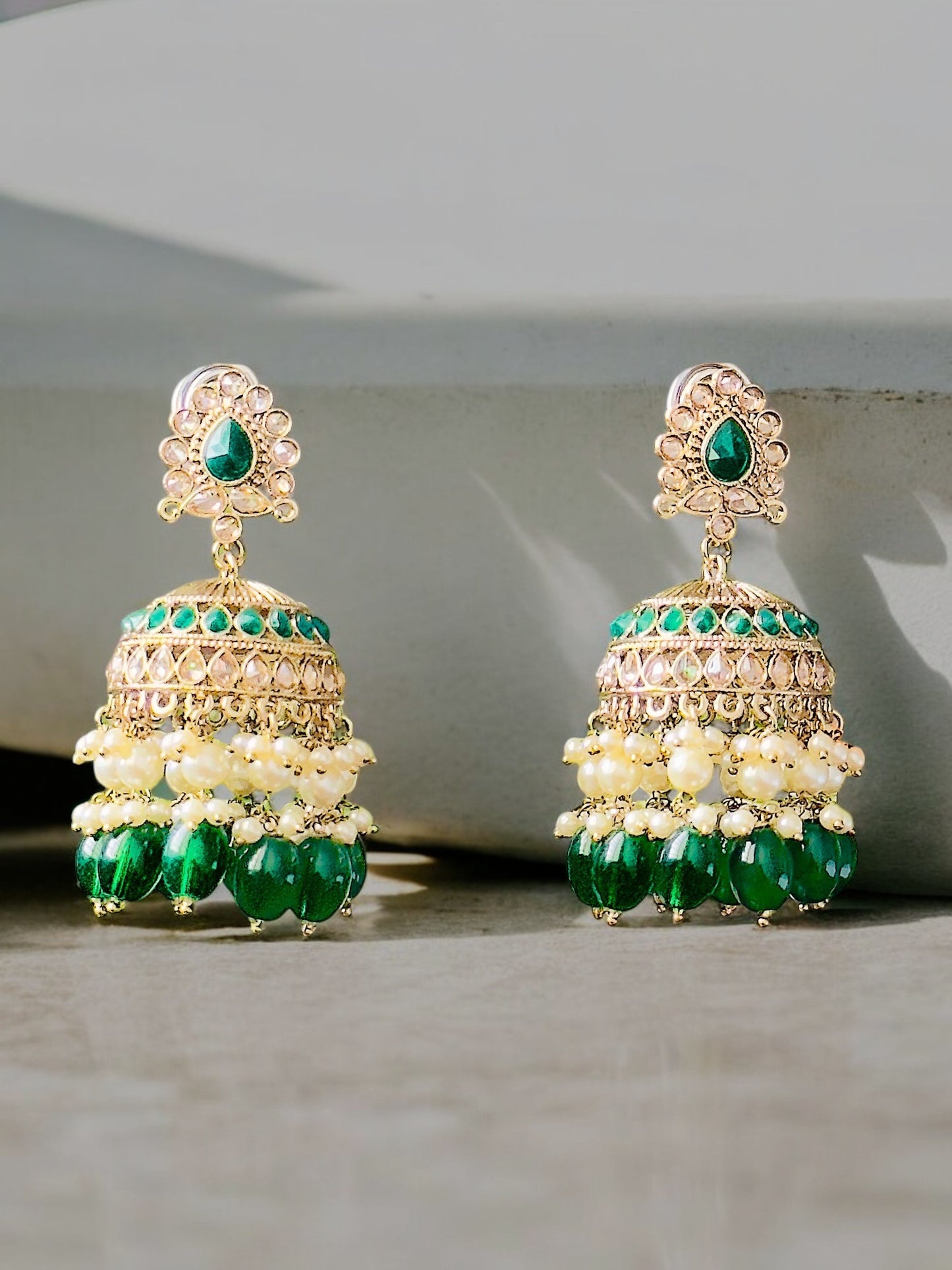 Kanchan Green and Gold Jhumka Earrings