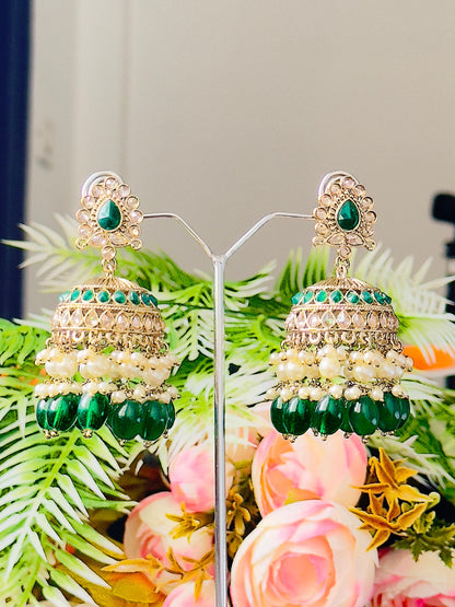 Kanchan Green and Gold Jhumka Earrings