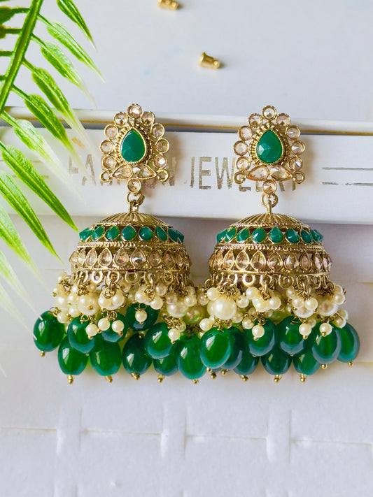 Kanchan Green and Gold Jhumka Earrings