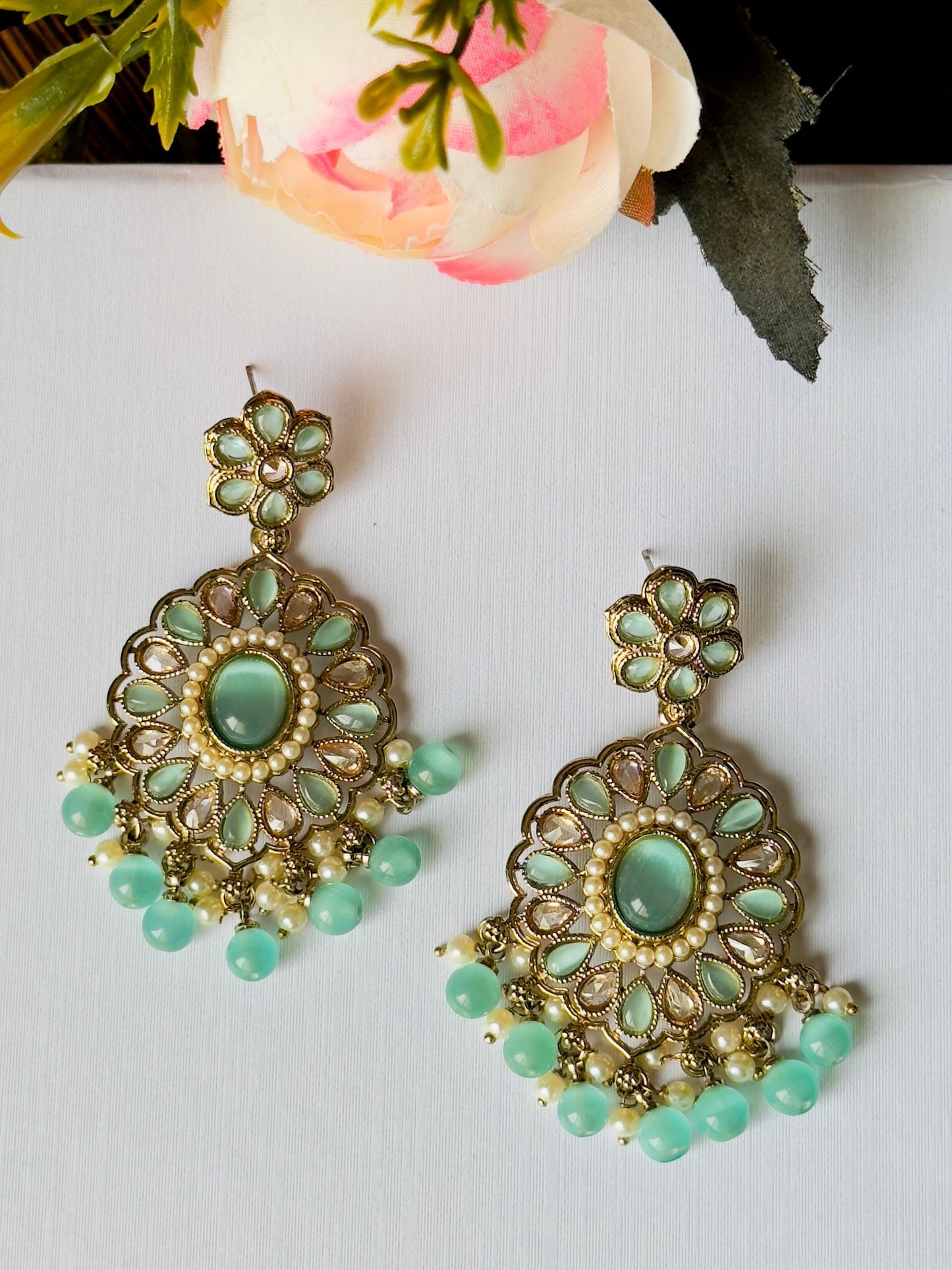 Mint Green Abhiri Chandbali Earrings