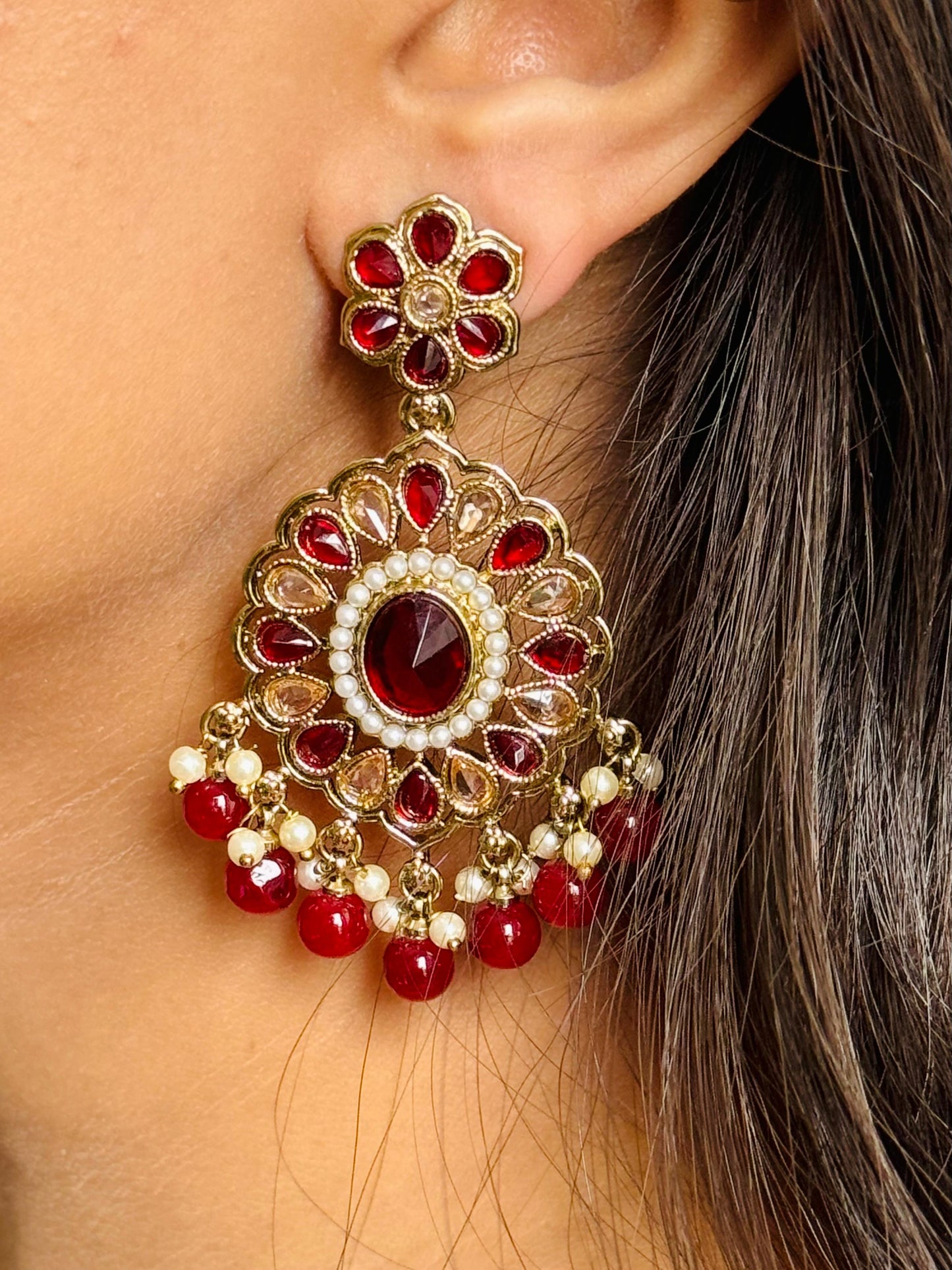 Red Abhiri Chandbali Earrings