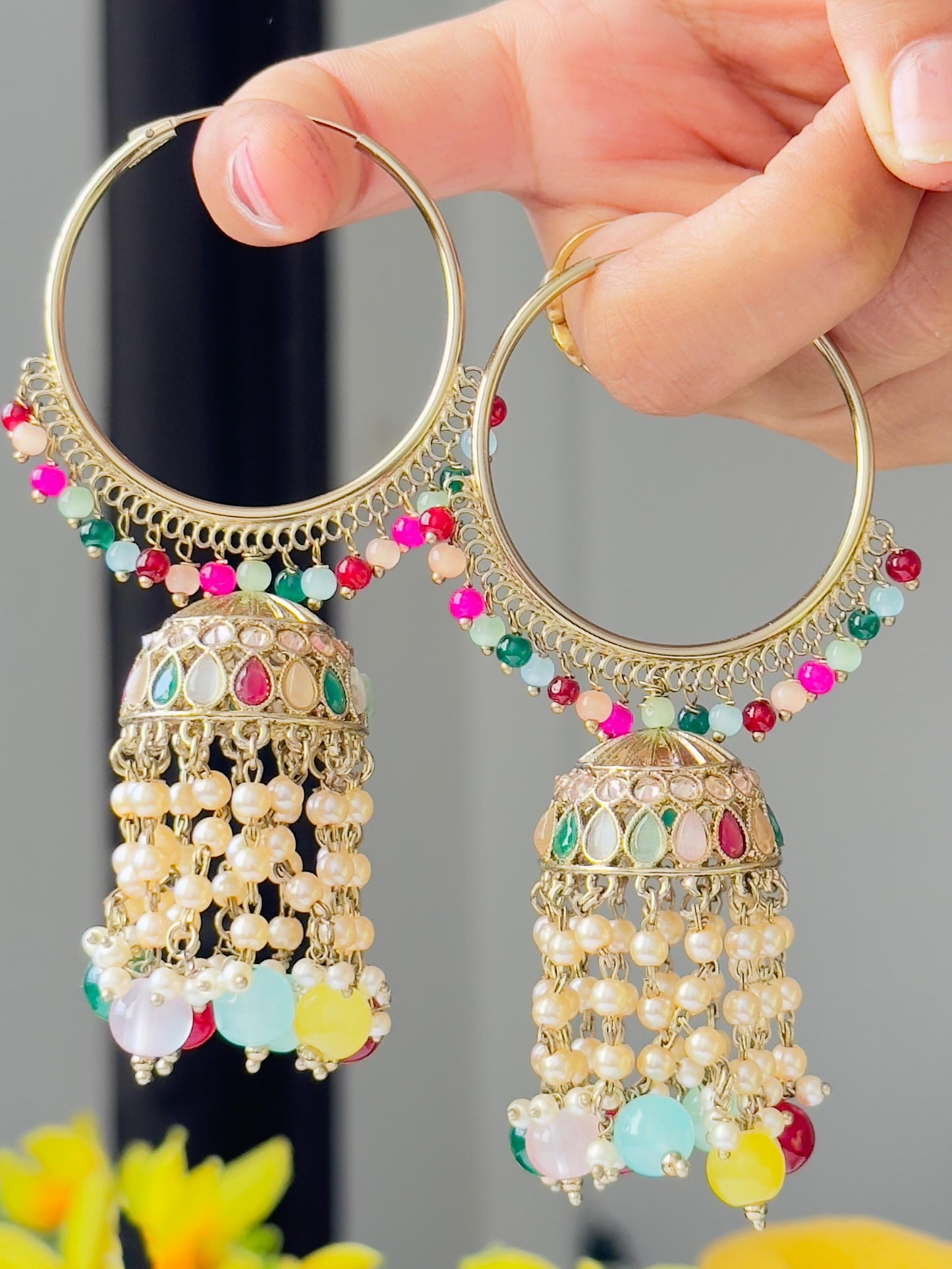 Ekta Multicolor Beaded Jhumka Hoop Earrings