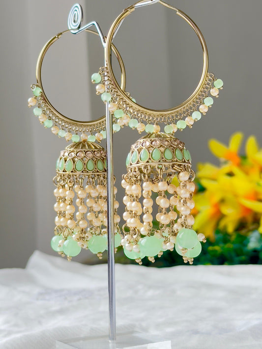 Ekta Mint-green Beaded Jhumka Hoop Earrings