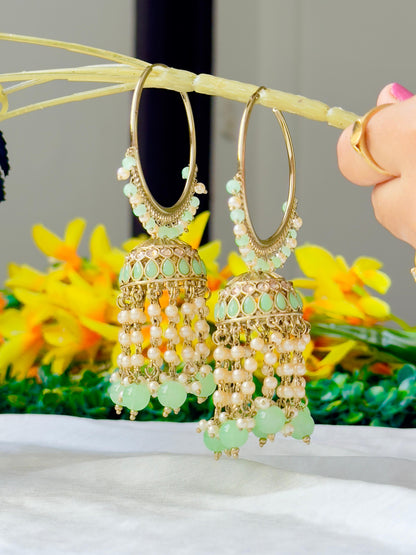 Ekta Mint-green Beaded Jhumka Hoop Earrings