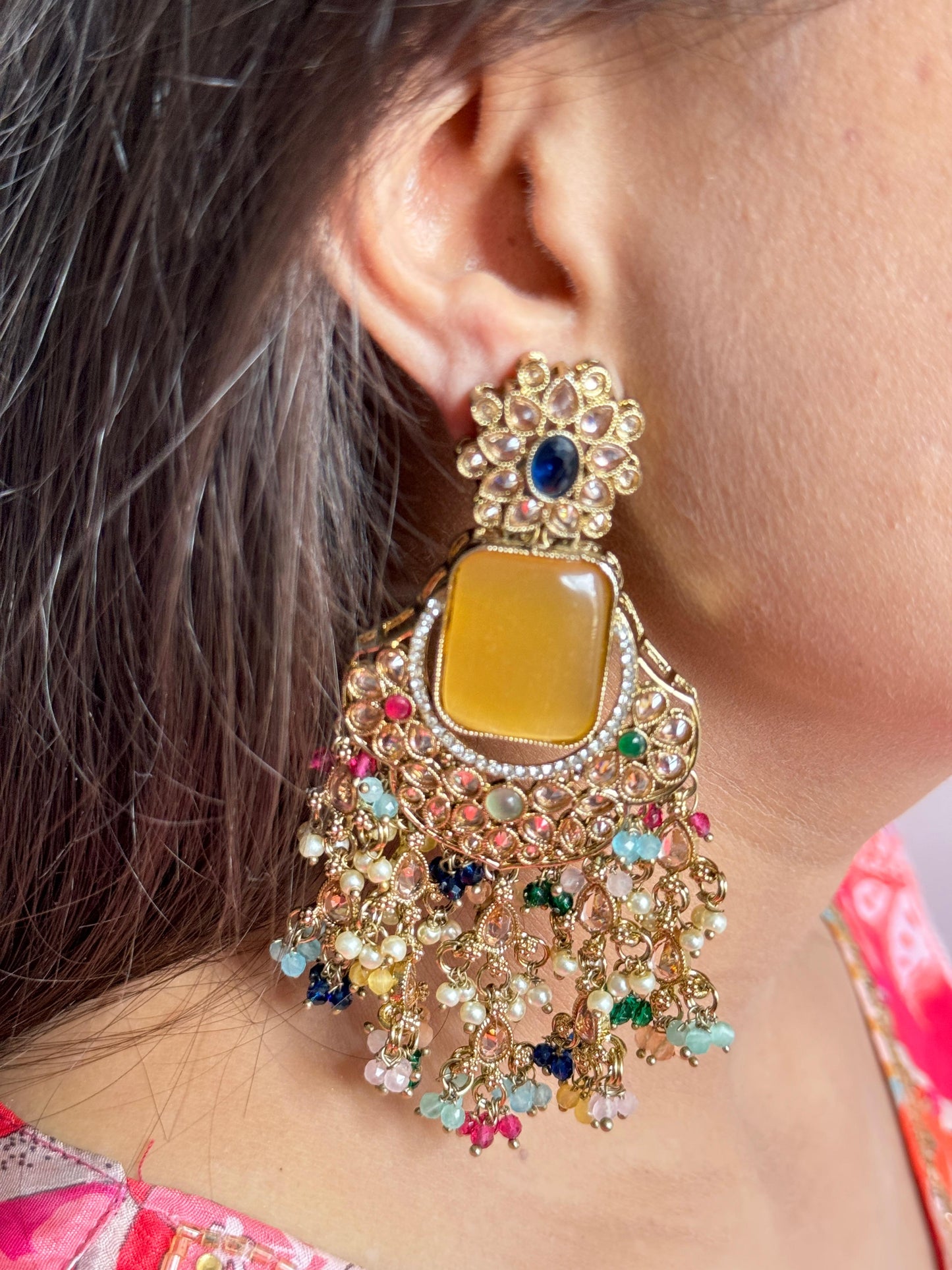 Regal Rajwadi Multi-Gemstone Chandbali Earrings