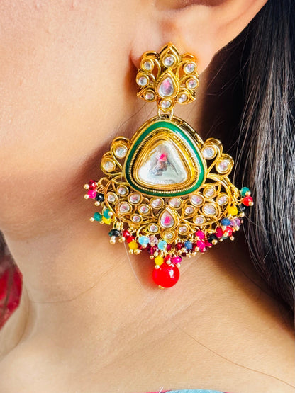 Elegant Kundan Soft Pink Meenakari Chandbali Earrings