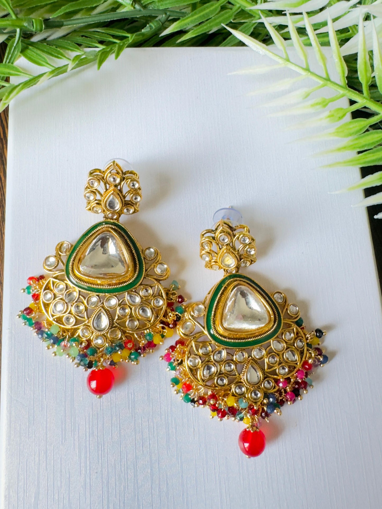 Elegant Kundan Soft Pink Meenakari Chandbali Earrings