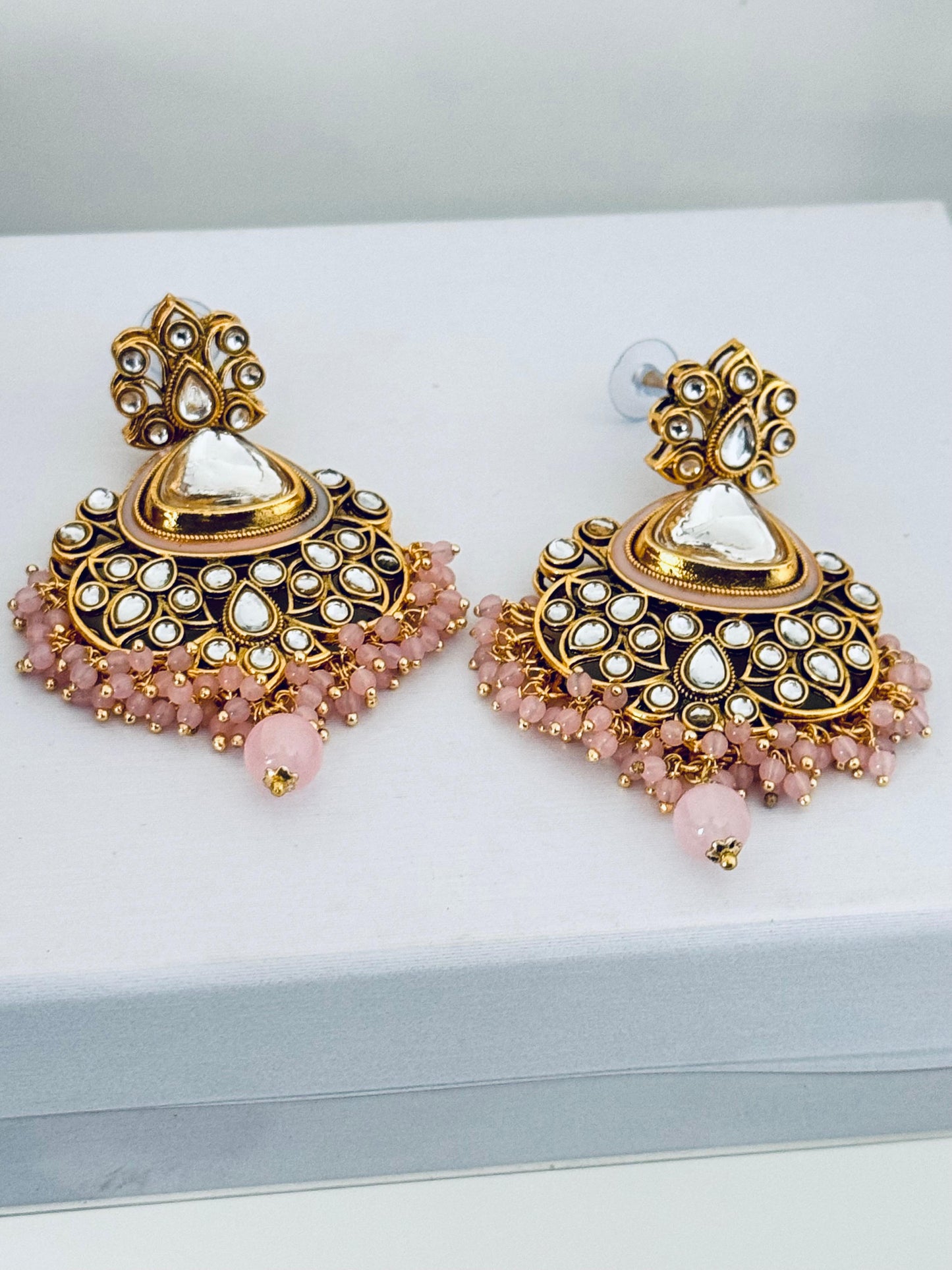 Elegant Kundan Soft Pink Meenakari Chandbali Earrings